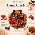Infographie “Dans mon sachet” de l’infusion Dame Charlotte Papothé, avec fraise, framboise, hibiscus et pomme pour une pause fruitée et gourmande.