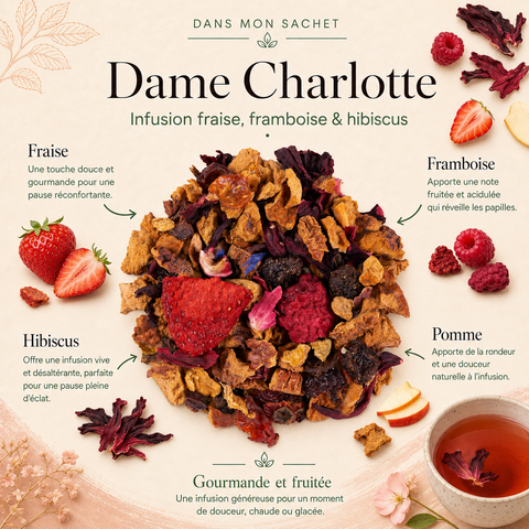 Infographie “Dans mon sachet” de l’infusion Dame Charlotte Papothé, avec fraise, framboise, hibiscus et pomme pour une pause fruitée et gourmande.