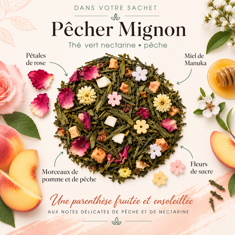 Visuel Dans mon sachet du thé vert Pêcher Mignon Papothé, avec thé vert nectarine pêche, pétales de rose, miel de Manuka, fleurs de sucre et morceaux de pomme et de pêche.