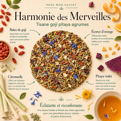 Tisane Harmonie des Merveilles Papothé avec goji, pitaya violet, citronnelle et écorce d’orange, idéale pour une pause fruitée, colorée et réconfortante.