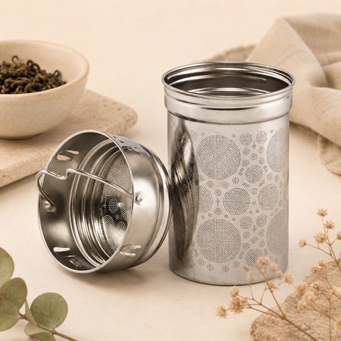 Filtre amovible pour thermos Leeza, idéal pour infuser du thé en vrac, des plantes ou des fruits sans feuilles dans la boisson, à la maison comme en déplacement.