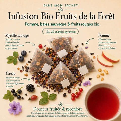 Infusion Bio Fruits de la Forêt Papothé en 20 sachets pyramide, aux notes de pomme, myrtille sauvage et cassis, idéale pour une pause fruitée, douce et réconfortante.