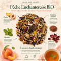 Infusion Bio Pêche Enchanteresse Papothé avec pêche, menthe, rooibos et hibiscus, idéale chaude ou glacée pour une pause fruitée, fraîche et gourmande sans soda.