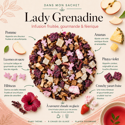 Visuel Dans mon sachet de l’infusion Lady Grenadine Papothé, une infusion fruitée à la pomme, ananas, pitaya violet, hibiscus et licornes en sucre, idéale pour une pause gourmande, ludique et réconfortante à savourer chaude ou glacée.