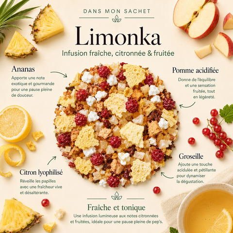 Infusion Limonka Papothé aux notes de citron, ananas et groseille, idéale pour une boisson fruitée et rafraîchissante chaude ou glacée