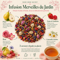 Visuel Dans mon sachet de l’Infusion Merveilles du Jardin Papothé, une infusion fruitée et florale à la poire, fraise, framboise, rose et camomille romaine, pensée pour offrir une pause douce, gourmande et apaisante, chaude ou glacée.
