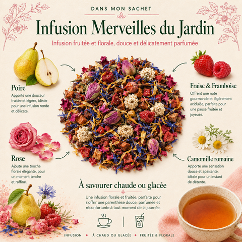 Visuel Dans mon sachet de l’Infusion Merveilles du Jardin Papothé, une infusion fruitée et florale à la poire, fraise, framboise, rose et camomille romaine, pensée pour offrir une pause douce, gourmande et apaisante, chaude ou glacée.