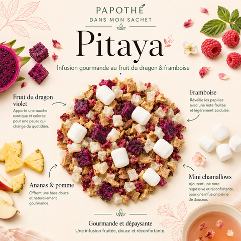 Image Dans mon sachet de l’infusion Pitaya Papothé, avec fruit du dragon violet, framboise, ananas, pomme et mini chamallows pour une pause fruitée, douce et gourmande.