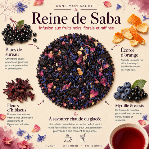 Infusion Reine de Saba Papothé, une boisson fruitée sans théine aux fruits noirs et notes florales, parfaite pour remplacer une boisson sucrée par une pause gourmande chaude ou glacée.