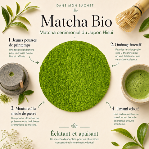 Matcha Bio cérémonial du Japon Hisui Papothé, une poudre vert jade ultra-fine pour préparer un rituel énergisant, doux et apaisant sans amertume.