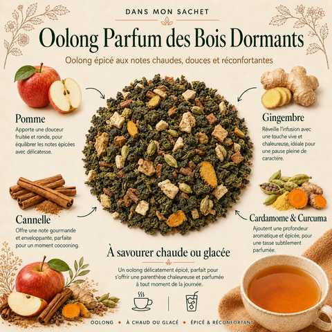 Image Dans mon sachet du Oolong Parfum des Bois Dormants Papothé, une infusion oolong aux épices douces pour créer une pause chaleureuse et parfumée.