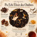 Image Dans mon sachet du Pu Erh Élixir des Ombres Papothé avec cacao, coco, datte, fleurs de souci et coriandre, pour une pause gourmande et réconfortante.