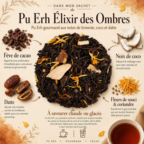 Image Dans mon sachet du Pu Erh Élixir des Ombres Papothé avec cacao, coco, datte, fleurs de souci et coriandre, pour une pause gourmande et réconfortante.