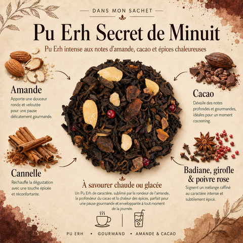 Visuel Dans mon sachet du Pu Erh Secret de Minuit Papothé, un thé Pu Erh gourmand aux notes d’amande, cacao, cannelle et épices, idéal pour une pause chaude réconfortante le soir.