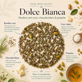 Composition du Rooibos Dolce Biana Papothé avec rooibos vert, coco râpée, chocolat blanc, pistaches et écorce de cacao, une infusion gourmande et réconfortante sans théine.