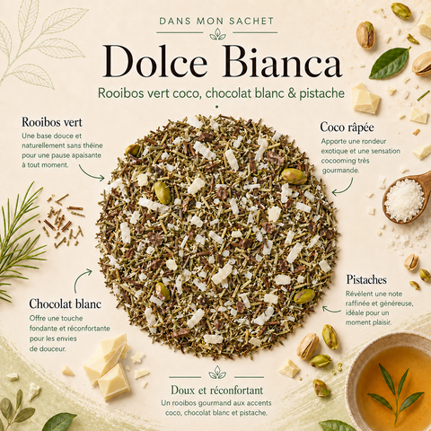 Composition du Rooibos Dolce Biana Papothé avec rooibos vert, coco râpée, chocolat blanc, pistaches et écorce de cacao, une infusion gourmande et réconfortante sans théine.