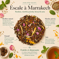 Rooibos Escale à Marrakech Papothé avec menthe poivrée, fenouil, anis, rose et souci, une infusion sans théine fraîche et dépaysante idéale pour une pause légère après le repas.