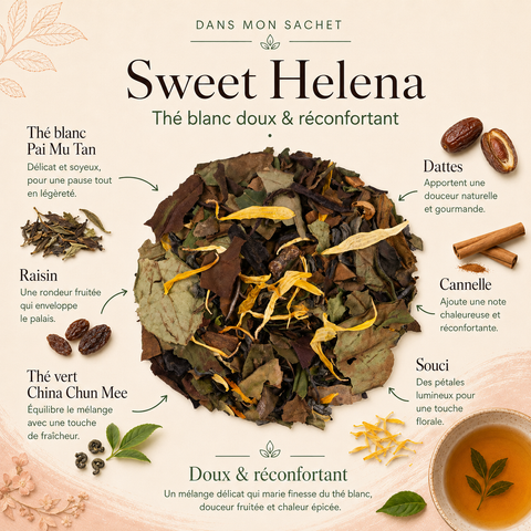 Thé blanc Sweet Helena Papothé, une solution douce et gourmande pour s’offrir une pause réconfortante avec des notes de datte, cannelle et raisin.