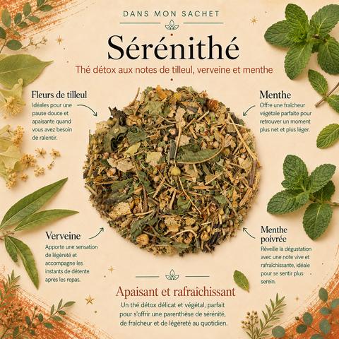 Dans mon sachet Thé Détox Bio Sérénithé Papothé : tilleul, verveine et menthe pour une infusion douce, fraîche et idéale quand vous cherchez une pause légère et apaisante.