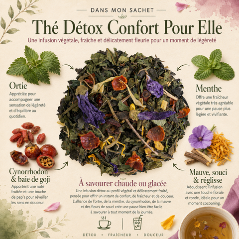 Infographie Dans mon sachet du Thé Détox Confort Pour Elle Papothé, avec ortie, menthe, cynorrhodon, baie de goji, mauve, souci et réglisse pour une pause végétale fraîche, douce et légère à savourer chaude ou glacée.