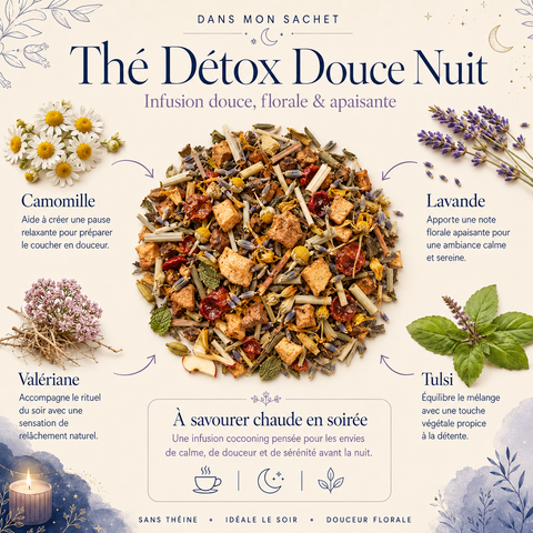 Thé Détox Douce Nuit Papothé, une infusion sans théine à la camomille, lavande, tulsi et valériane, idéale pour créer un rituel apaisant le soir et savourer une pause calme avant la nuit.