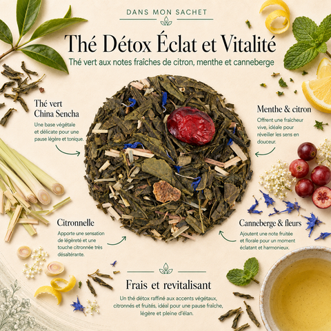 Thé Détox Éclat et Vitalité Papothé avec thé vert Sencha, citronnelle, menthe, citron, canneberge et bleuet, idéal pour une pause fraîche et légère quand on cherche une alternative naturelle aux boissons trop sucrées.