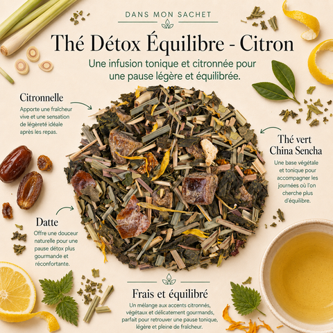 Thé Détox Équilibre Citron Papothé avec citronnelle, thé vert Sencha, datte, ortie et citron, idéal pour une pause légère, fraîche et équilibrée après le repas.