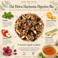 Visuel “Dans mon sachet” du Thé Détox Harmonie Digestive Bio Papothé, une infusion à la pomme, citronnelle, menthe, hibiscus et écorces d’orange, idéale après les repas pour une pause légère, fraîche et naturellement équilibrée.