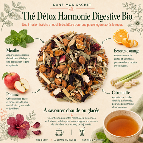 Visuel “Dans mon sachet” du Thé Détox Harmonie Digestive Bio Papothé, une infusion à la pomme, citronnelle, menthe, hibiscus et écorces d’orange, idéale après les repas pour une pause légère, fraîche et naturellement équilibrée.