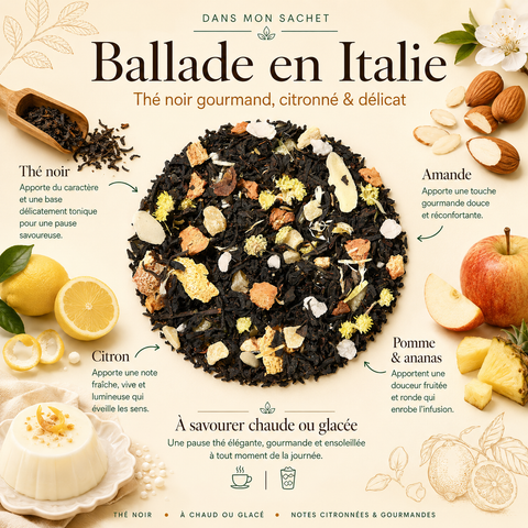 Thé Noir Ballade en Italie Papothé, mélange gourmand citron amande panna cotta avec ananas, pomme et fleurs, idéal pour une pause thé douce, fruitée et réconfortante chaude ou glacée.