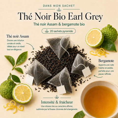 Thé Noir Bio Earl Grey Papothé en 20 sachets pyramide, une solution pratique pour préparer une pause thé raffinée, corsée et fraîche grâce à l’Assam et à la bergamote bio.