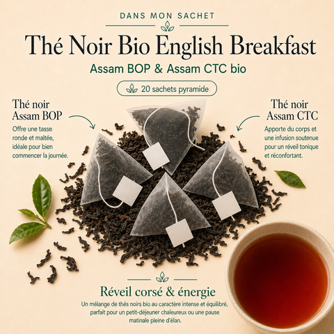 Thé Noir Bio English Breakfast Papothé en 20 sachets pyramide, mélange Assam BOP et Assam CTC idéal pour une tasse corsée, maltée et réconfortante au petit-déjeuner.