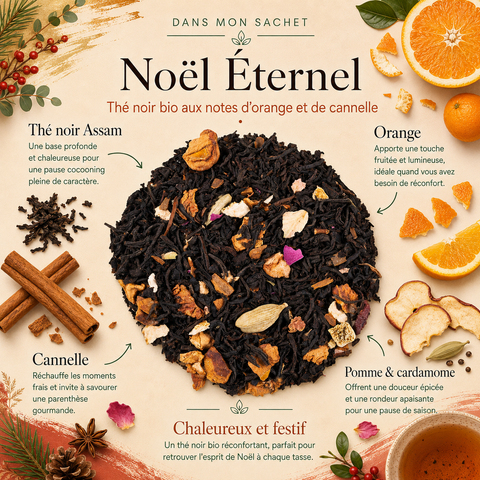 Thé Noir Noël Éternel Papothé, mélange bio orange cannelle avec thé noir Assam, pomme et cardamome, idéal pour une pause chaude, festive et réconfortante en hiver.