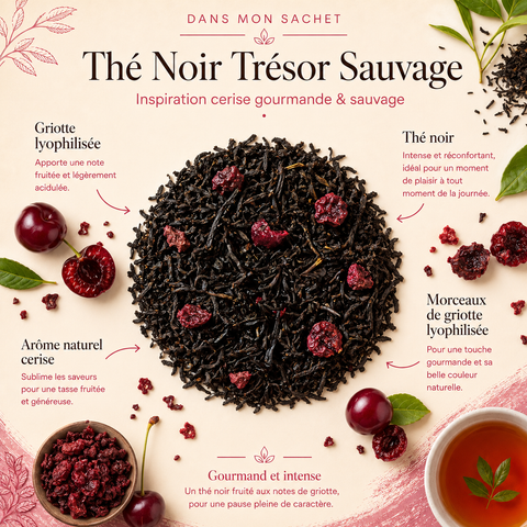 Thé Noir Trésor Sauvage Papothé avec thé noir et griotte lyophilisée, idéal pour une pause fruitée, intense et réconfortante aux notes de cerise sauvage.