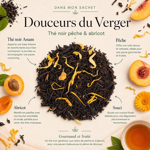 Thé noir Douceurs du Verger Papothé à la pêche, abricot et souci, une pause fruitée et réconfortante pour varier des thés classiques.