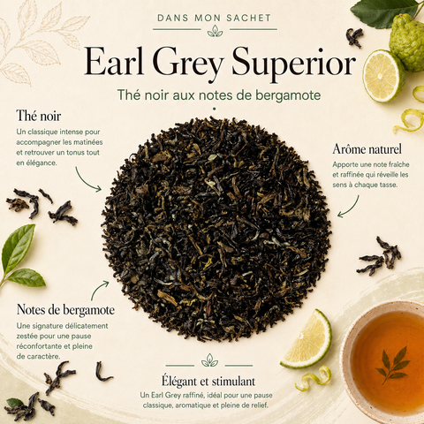 Thé Noir Earl Grey Superior Papothé, un thé noir aux notes naturelles de bergamote, idéal pour une pause élégante, stimulante et aromatique le matin ou l’après-midi.