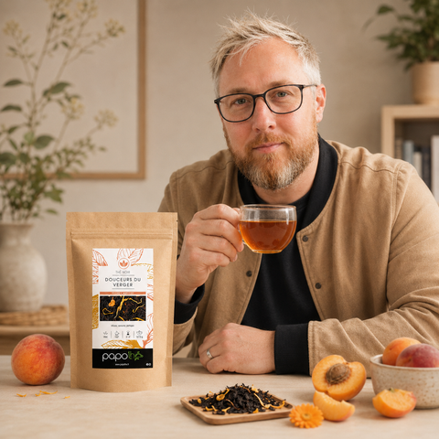 Homme dégustant une tasse de Thé Noir Pêche Abricot Douceurs du Verger Papothé avec sachet kraft, fruits du verger et thé en vrac.