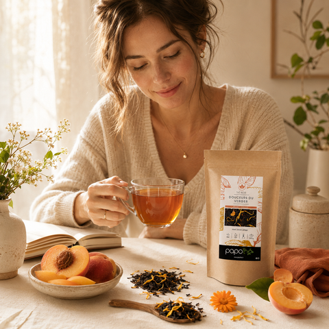 Pause gourmande avec le Thé Noir Pêche Abricot Douceurs du Verger Papothé, servi en tasse avec fruits du verger et sachet kraft.