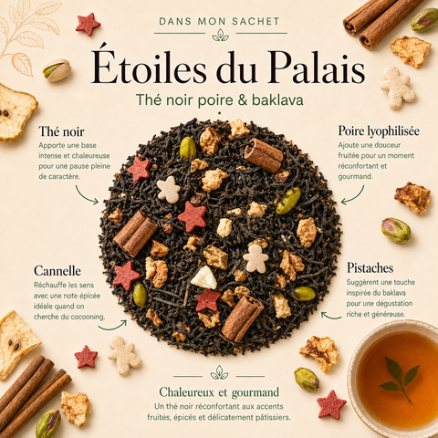 Thé noir Étoiles du Palais Papothé, une infusion gourmande poire baklava avec cannelle et pistache, idéale pour une pause réconfortante et chaleureuse.