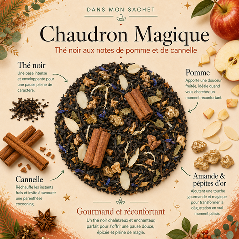Thé Noir Chaudron Magique Papothé aux notes de pomme, cannelle, amande et pépites d’or, idéal pour une pause gourmande, chaude et réconfortante.
