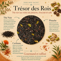Thé Noir Trésor des Rois Papothé avec pistache, carthame, chocolat et café, une pause gourmande et réconfortante pour les amateurs de thé noir raffiné.