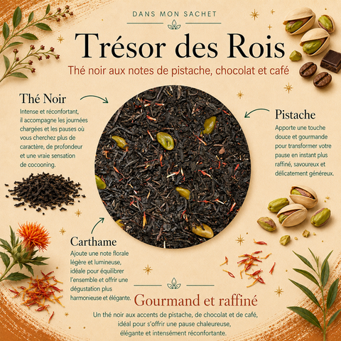 Thé Noir Trésor des Rois Papothé avec pistache, carthame, chocolat et café, une pause gourmande et réconfortante pour les amateurs de thé noir raffiné.