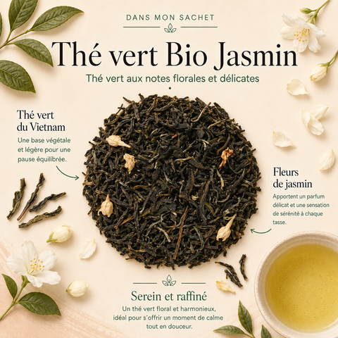 Thé vert Bio Jasmin Papothé, un thé vert du Vietnam aux fleurs de jasmin, idéal pour une pause florale, douce et sereine au quotidien.