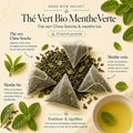 Image “Dans mon sachet” du Thé Vert Bio Menthe Verte Papothé, avec 4 sachets pyramide, thé vert China Sencha, menthe bio et tasse d’infusion.