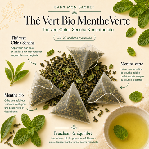 Image “Dans mon sachet” du Thé Vert Bio Menthe Verte Papothé, avec 4 sachets pyramide, thé vert China Sencha, menthe bio et tasse d’infusion.