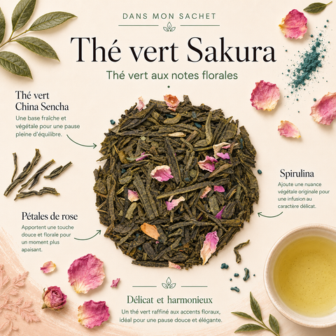 Thé vert Sakura Papothé avec China Sencha, pétales de rose et spirulina, une solution douce et florale pour une pause apaisante et équilibrée