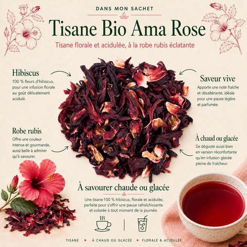 Tisane Bio Ama Rose Papothé 100 % fleurs d’hibiscus, une infusion florale et acidulée à la robe rubis, idéale chaude ou glacée pour une pause fraîche et légère.