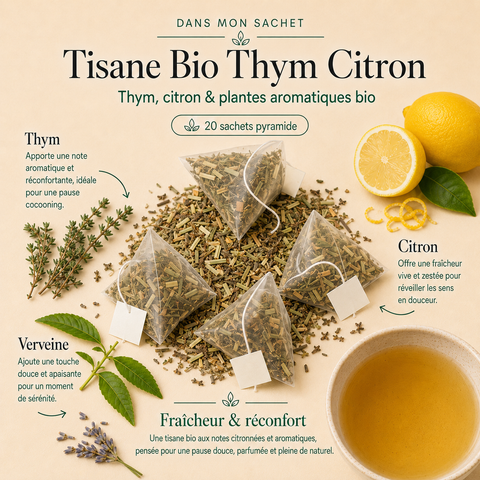 isuel Dans mon sachet de la Tisane Bio Thym Citron Papothé en 20 sachets pyramide, avec thym, citron et verveine, une infusion bio idéale pour une pause chaude, fraîche et réconfortante.