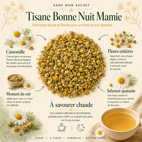 Tisane Bonne Nuit Mamie à la camomille, une infusion douce et florale idéale pour créer un rituel du soir apaisant et savourer un moment calme avant le coucher.
