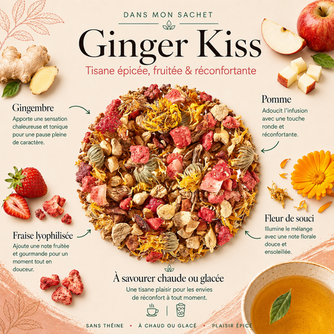 Dans mon sachet Tisane Ginger Kiss Papothé avec gingembre, pomme, fraise lyophilisée et fleur de souci, une infusion sans théine idéale pour une pause fruitée, épicée et réconfortante.